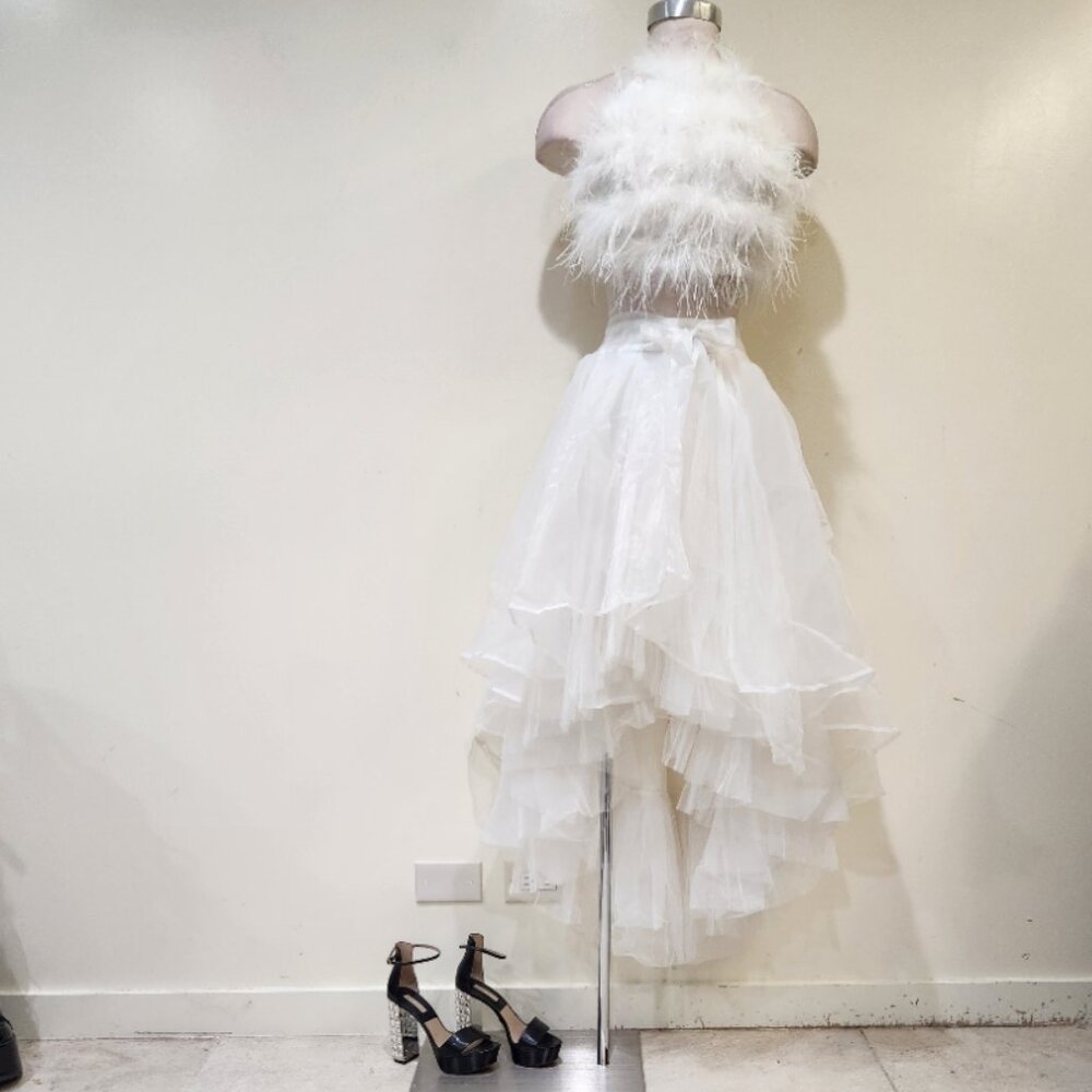 💋BOMBSHELL!💋 GRACIA WHITE HIGH-LOW LAYERED RUFFLED PLEATED TULLE & MESH SKIRT - Picture 7 of 16